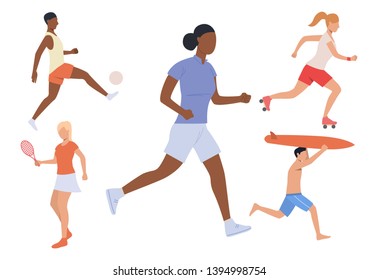 Set of outdoor summer activities. Men and women playing football and tennis, running, roller skating, surfing. Sport concept. Vector illustration can be used for topics like hobby or playground