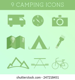 Set of Outdoor Summer camping Icons. RV, motorhome and travel elements. Flat design on green background. Vector illustration