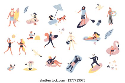 Set of outdoor summer people performing.  Activities at beach sunbathing, swimming in sea, walking on sand, carrying surfboard.  characters isolated vector illustration  on white background.