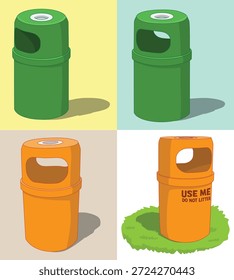 Un conjunto de cubos de basura al aire libre cuenta con un cuerpo cilíndrico, tapa abovedada y abertura ovalada en cada cubo.