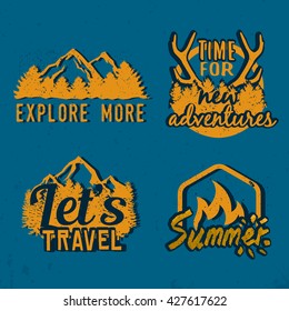 Set of outdoor vintage emblems. Explore more, time for new adventures, let's travel labels and summer campfire badge. Stock vector.