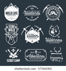 Set of outdoor wild life related labels badges emblems and design elements for t-shirt, posters, prints. Motivational lettering. Vintage typography compositions. Vector illustration.