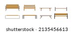 Set of outdoor wooden benches from different form on white background. Vector benches for summer city park in flat style.