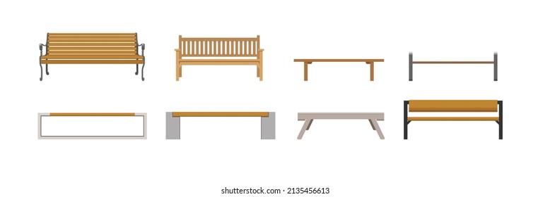 Set of outdoor wooden benches from different form on white background. Vector benches for summer city park in flat style.