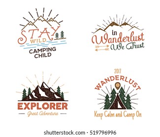 Set of outdoors activity badges. Hiking custom quotes and phrases, labels. Typography and roughen style. Vector emblems with letterpress effect. Inspirational texts isolated on white background