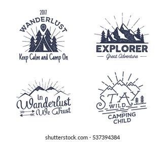 Set of outdoors activity badges. Retro illustration of outdoor activity labels. Typography and roughen style. Vector outdoors activity logo with letterpress effect. Custom quotes. Inspirational text