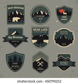 Set of outdoors adventure and expedition badges and labels. Vector