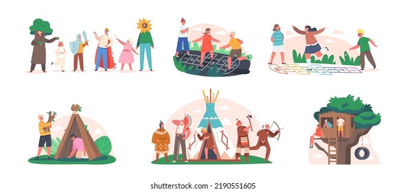 Set Outdoors Children Games And Fun. Kids Characters Playing Hopscotch, Indians, Sitting On Tree House, Presenting Fairy Tale And Building Hut On Summer Vacation. Cartoon People Vector Illustration