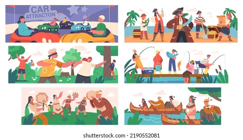 Set Outdoors Children Games and Fun. Kids Characters Playing in Pirates or Indians, Hide and Seek, Pirates, Riding Attraction Cars, Fishing on Summer Vacation. Cartoon People Vector Illustration