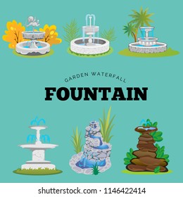 Set of outdoors fountain for gardening, spring and summer plants around garden waterfall, autumn back yard decorative stone statue vector illustration