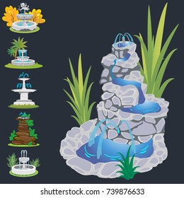 Set of outdoors fountain for gardening, spring and summer plants around garden waterfall, autumn back yard decorative stone statue vector illustration