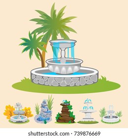Set of outdoors fountain for gardening, spring and summer plants around garden waterfall, autumn back yard decorative stone statue vector illustration