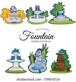 Set of outdoors fountain for gardening, spring and summer plants around garden waterfall, autumn back yard decorative stone statue vector illustration