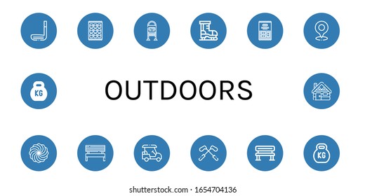 Set of outdoors icons. Such as Golf stick, Marshmallow, Bus stop, Ice skate, Golf, Bench, Golf cart, Kettlebell, Cabin , outdoors icons