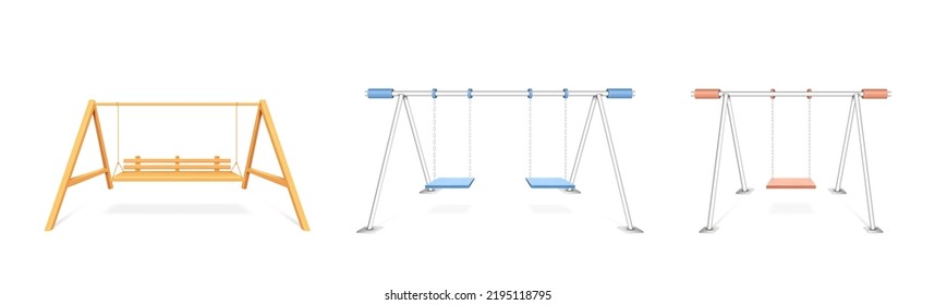 Juego de columpios al aire libre. Banqueta de madera y columpio de plástico para niños para el exterior, el parque, el parque infantil o el patio trasero y la relajación. Ilustración vectorial 3d realista