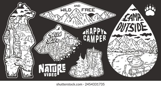 Set of outdoor-themed stickers featuring mountains, nature, and camping elements for adventure lovers and to decorate gear with wild life and travel vibes.