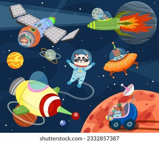 Set of outer space cartoon development. Rocket, planet, animal astronauts, various spaceships, ufo, satellite. Science astronomy research, galaxy and cosmos exploration. Vector illustration