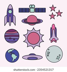 Set of Outer Space Cute Flat Line Illustration