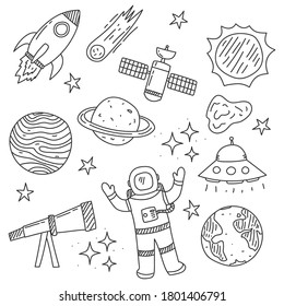 Set of outer space doodle hand drawn vector illustration isolated on white background 