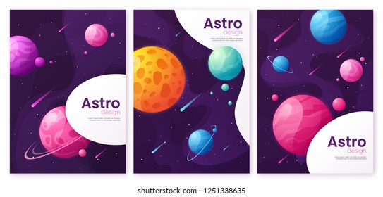 Set of outer space futuristic cartoon backgrounds, covers, brochure templates. Vector illustration.