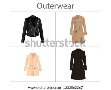 Set of outerwear items. Coats collection. Fall jackets