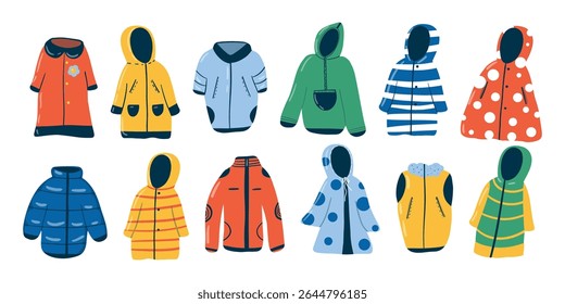 Set of children’s outerwear for rainy day, spring or autumn: coats, jackets, raincoats, vests, windbreakers. Hand-drawn in playful naive style. Isolated design elements. Bright cheerful color palette 