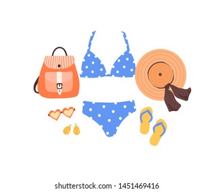 Set of outfit creator with summer fashion womens clothing swimsuit flip flop shoes accessories earring bag glasses panama hat. Collection of wardrobe clothes. Vector illustration cartoon flat style