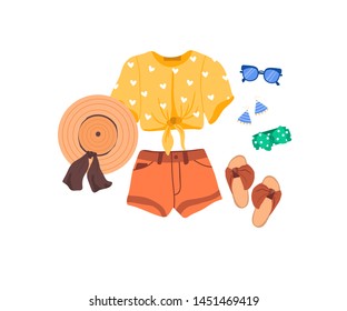 Set of outfit creator with summer fashion womens clothing t-shirt shorts shoes accessories earring hat glasses headwear. Collection of wardrobe clothes. Vector illustration cartoon flat style