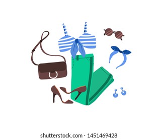 Set of outfit creator with summer fashion womens clothing top pant high heel shoes accessories earring bag glasses headwear. Collection of wardrobe clothes. Vector illustration cartoon flat style