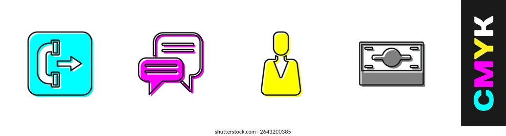 Set Outgoing call phone, Speech bubble chat, Employee and Stacks paper money cash icon. Vector
