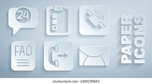 Set Outgoing call phone, Telephone handset, FAQ information, Mail e-mail, Online quiz, test, survey and 24 hours support icon. Vector