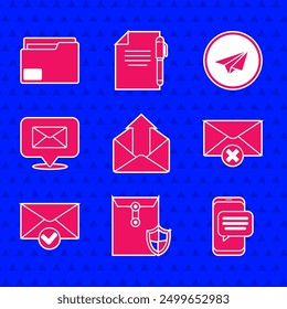 Set Outgoing mail, Envelope with shield, Chat messages notification on phone, Delete envelope, and check mark, Speech bubble, Paper plane and Document folder icon. Vector