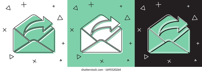 Set Outgoing mail icon isolated on white and green, black background. Envelope symbol. Outgoing message sign. Mail navigation button.  Vector Illustration