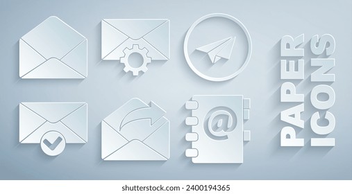 Set Outgoing mail, Paper plane, Envelope and check mark, Address book, setting and  icon. Vector
