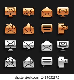 Set Outgoing mail, Speech bubble with envelope, Mobile and, chat, Envelope, Monitor and star icon. Vector