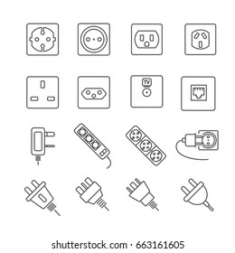 Set of outlet Related Vector Line Icons. Includes such Icons as socket,electricity, wires, cables, current, electric voltage