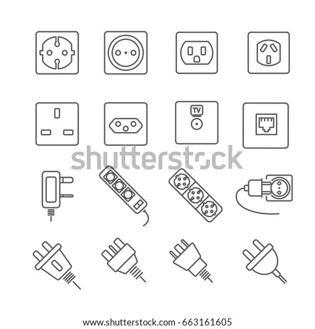 Set of outlet Related Vector Line Icons. Includes such Icons as socket,electricity, wires, cables, current, electric voltage