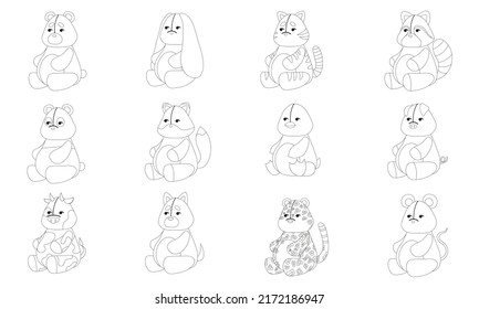 A set of the outline of 12 stuffed animal toys. Teddy bear, rabbit, cat, raccoon, panda, fox, penguin, pig, cow, dog, leopard and mouse. Flat vector illustration isolated on a white background.