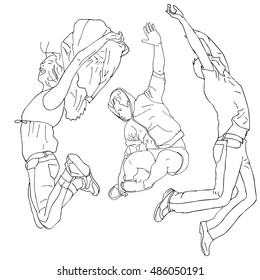 Set of outline 3 people jumping in doodle style for your design. Concept of activity, sport, happy and love