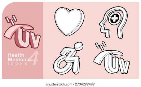 Conjunto de ícones vetoriais 3D de contorno que representam conceitos médicos e de saúde, incluindo a forma do coração, saúde mental, proteção UV e símbolos de acesso a deficiência. Adequado para design médico e de saúde.