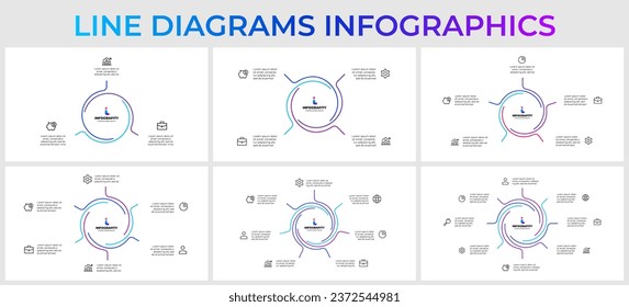 Set of outline abstract elements for infographic. Template for cycle diagram with 3, 4, 5, 6, 7 and 8 options, parts, steps or processes