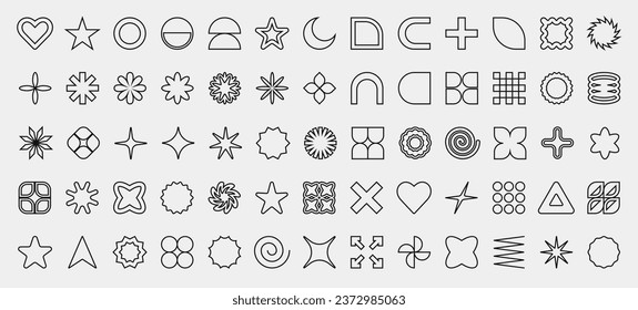 Set of outline abstract geometric shapes and forms. Brutal contemporary figures, stars, flowers and other primitive elements. Trendy Y2K signs and symbols.