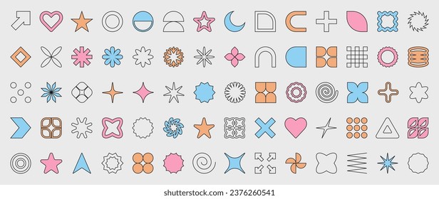 Set of outline abstract geometric shapes and forms. Brutal contemporary figures, stars, flowers and other primitive elements. Trendy vector Y2K signs and symbols big set in color and outline.