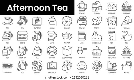 Juego de iconos de té de la tarde de contorno. Conjunto de iconos de la web lineal delgada y minimalista. ilustración vectorial.