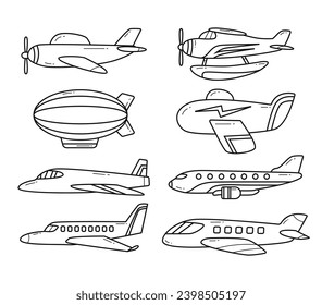 Set of Outline Airplane Line Art Collection, various outline aircraft set, flying aircraft for travelling journey tourist with doodle style.