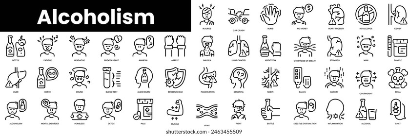 Set of outline alcoholism icons. Minimalist thin linear web icon set. vector illustration.