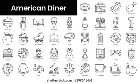 Set Of Outline American Diner Icons. Minimalist Thin Linear Web Icons Bundle. Vector Illustration.