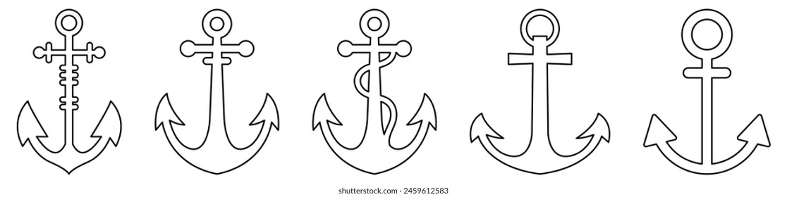 Set of outline anchor icons. Nautical symbol isolated on white background
