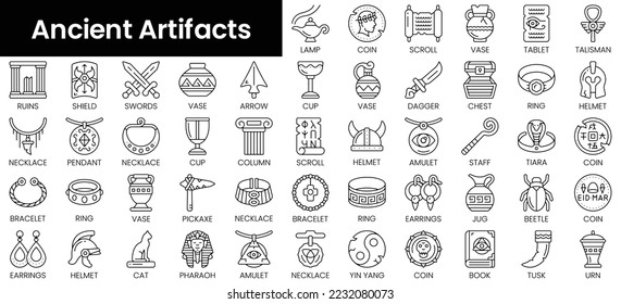 Set of outline ancient artifacts icons. Minimalist thin linear web icon set. vector illustration.