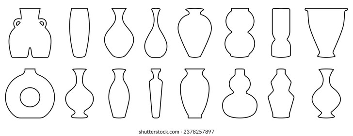 Set of outline ancient ceramic vases. Vector illustration isolated on white background
